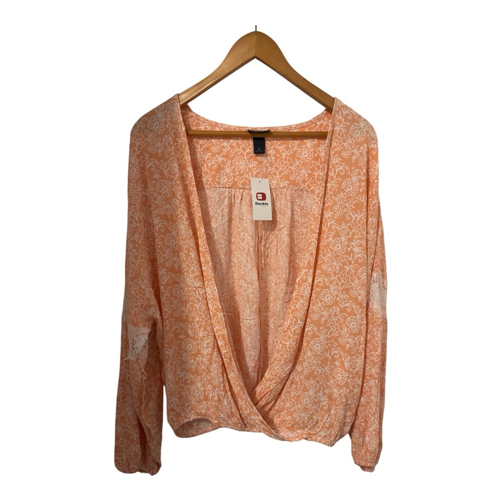 NWT Daytrip Buckle Med Faux Wrap Peasant Boho Long Sleeve Elastic Waist Blouse